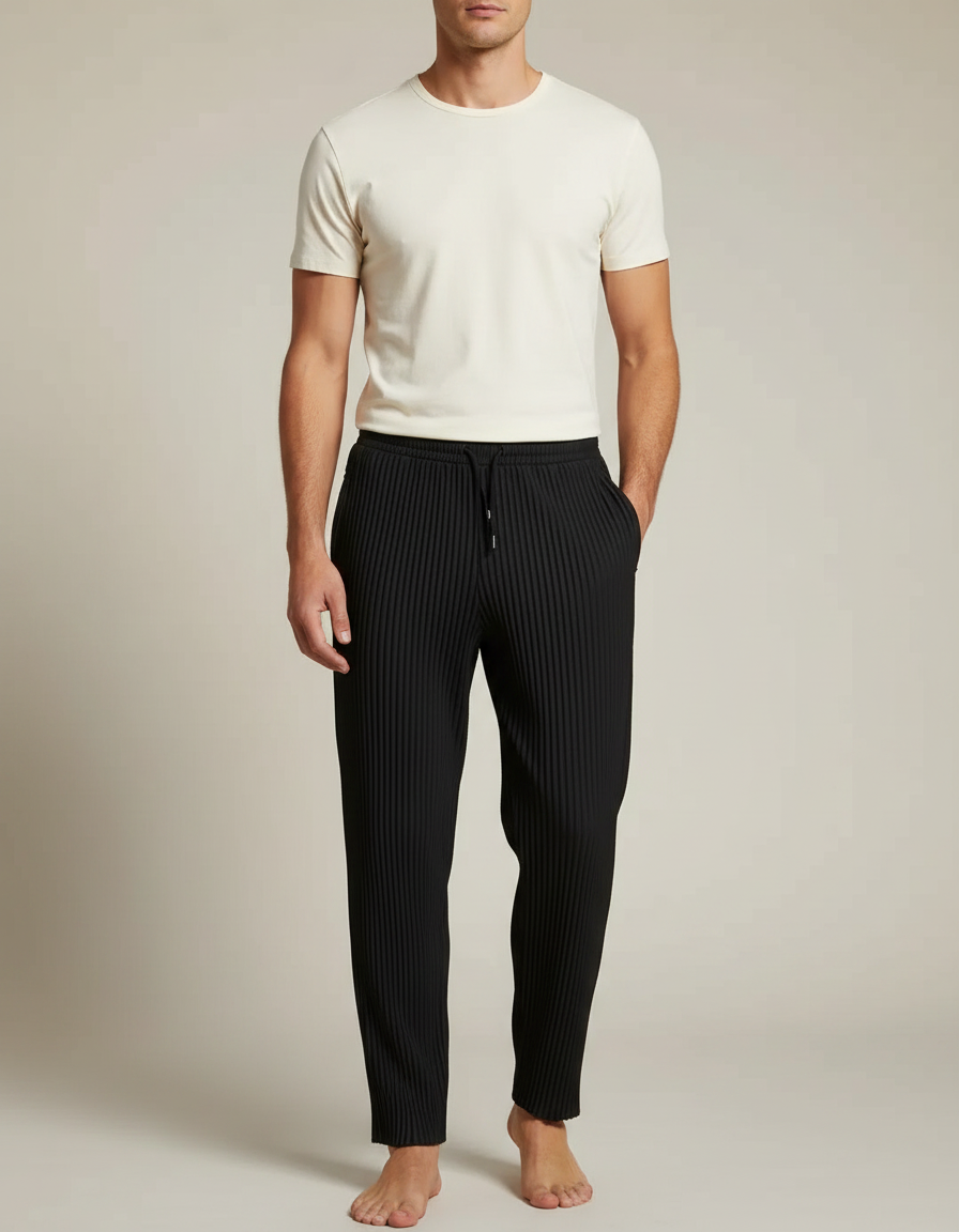 Pantalon Noir Plissé Droit Décontracté Cordon Homme - Polyester