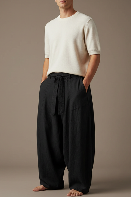 Pantalon Noir Lin Ample Cordon Décontracté