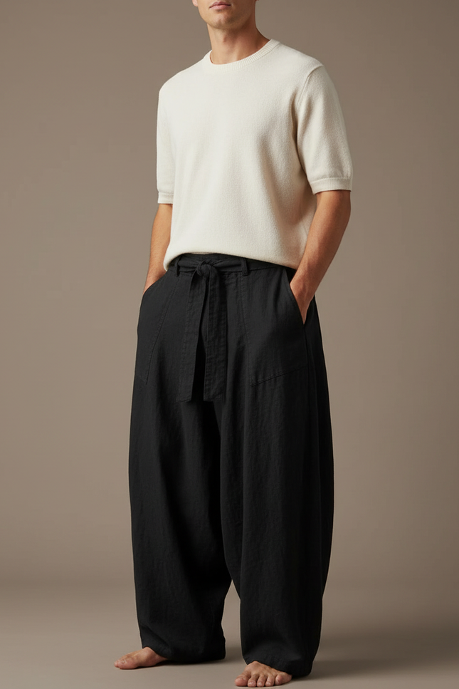 Pantalon Noir Lin Ample Cordon Décontracté