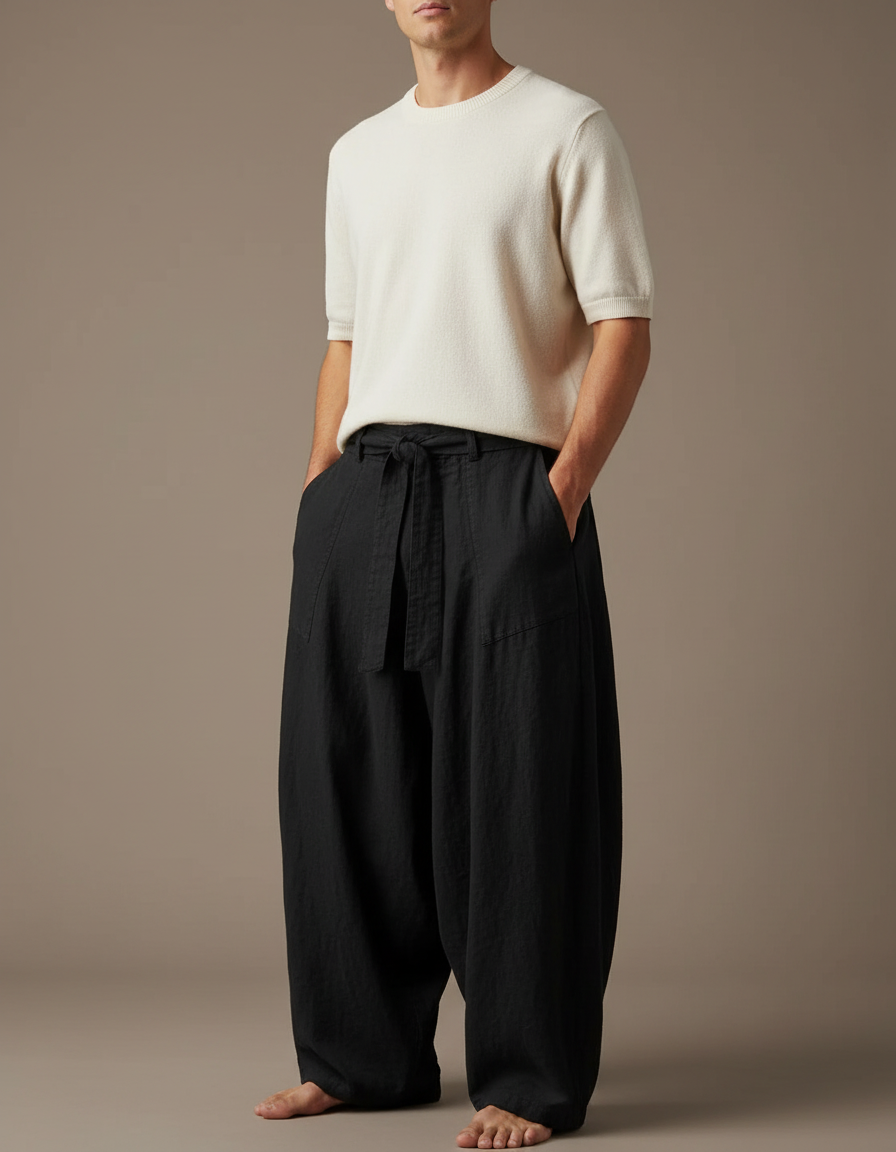 Pantalon Noir Lin Ample Cordon Décontracté