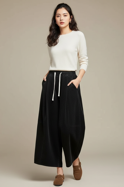 Pantalon Noir Côtelé Ample Décontracté Fluide Femme - Cordé