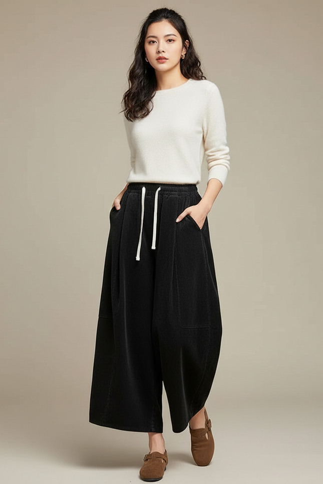Pantalon Noir Côtelé Ample Décontracté Fluide Femme - Cordé