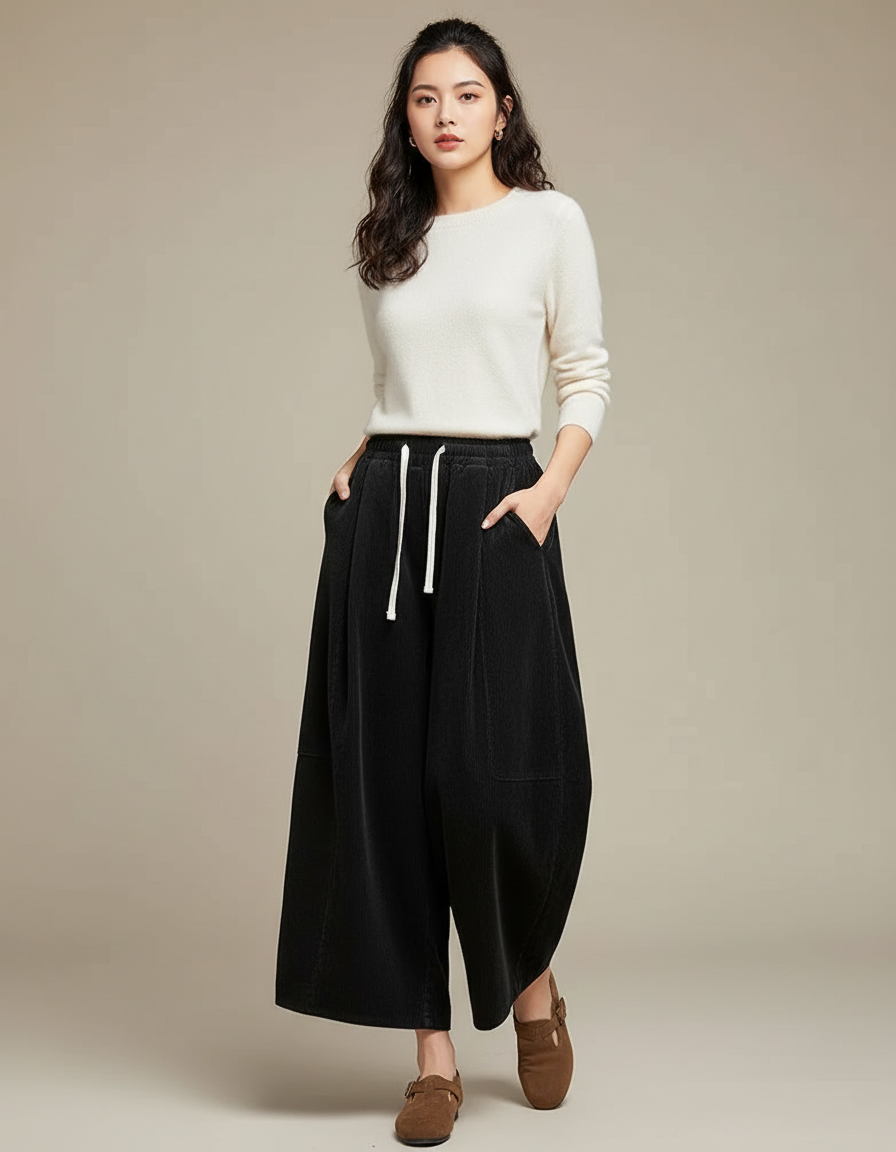 Pantalon Noir Côtelé Ample Décontracté Fluide Femme - Cordé