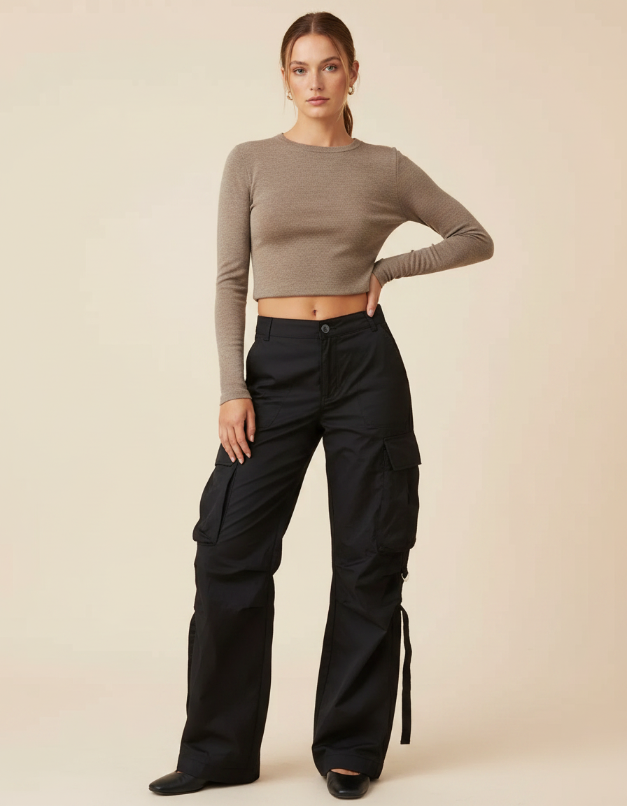 Pantalon Noir Cargo Ample Femme Streetwear - Toile