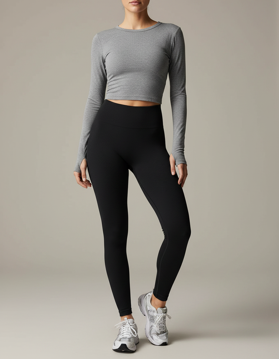 Pantalon Noir Côtelé Taille Haute Moulant Sport - Maille