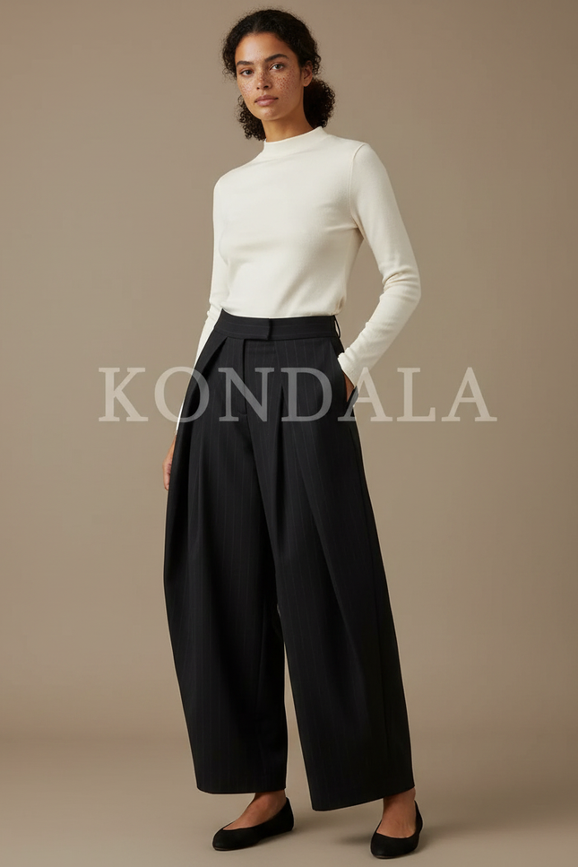 Pantalon Plissé Noir Femme - Laine