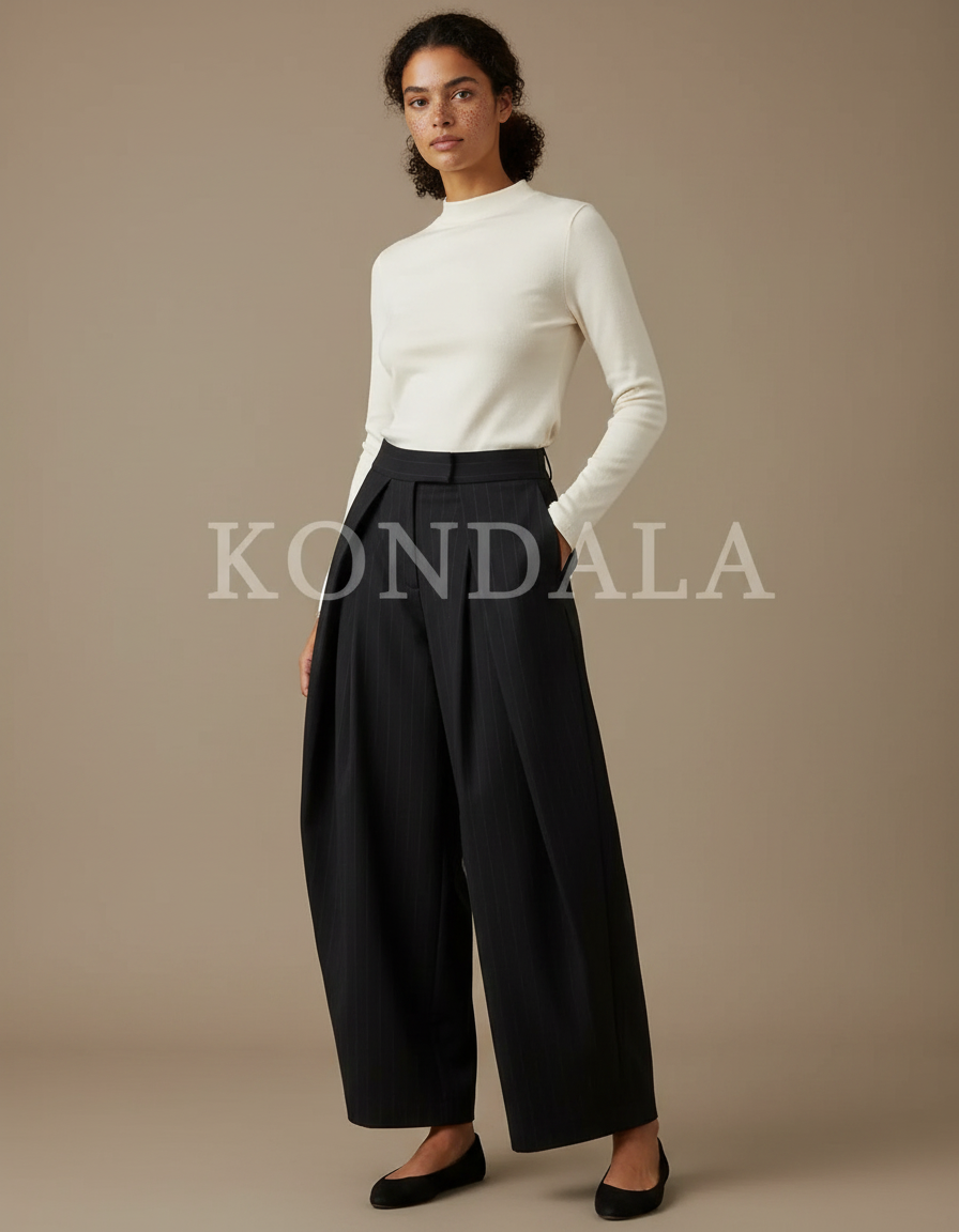 Pantalon Plissé Noir Femme - Laine