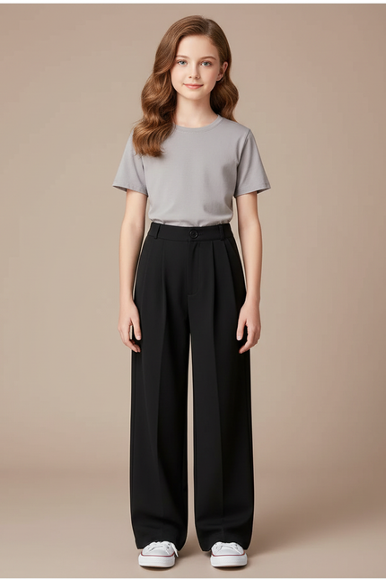 Pantalon Noir Ample Plissé Taille Haute Fille - Polyester