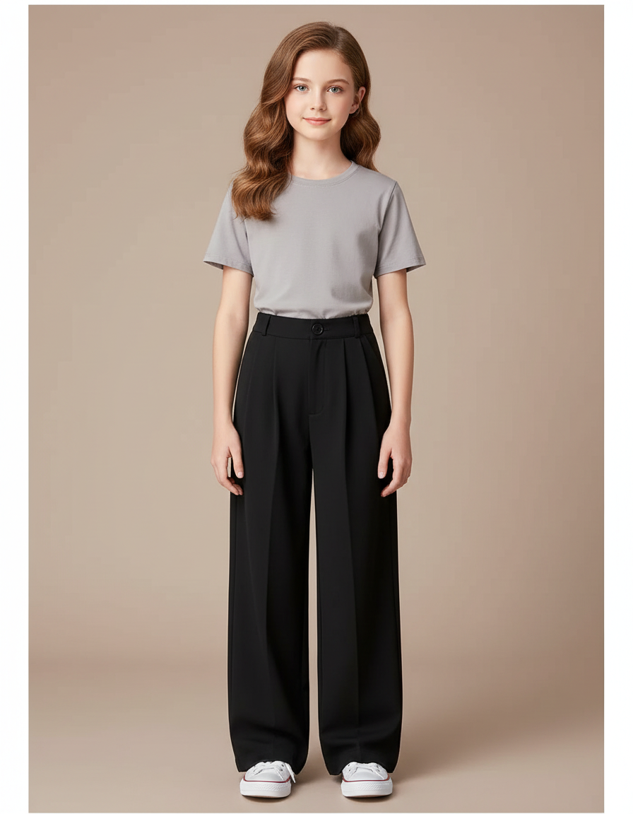 Pantalon Noir Ample Plissé Taille Haute Fille - Polyester