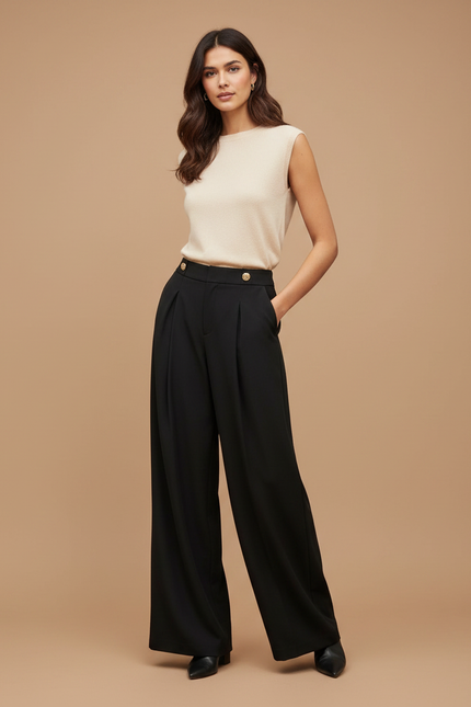 Pantalon Wide Leg Femme Noir - Polyester