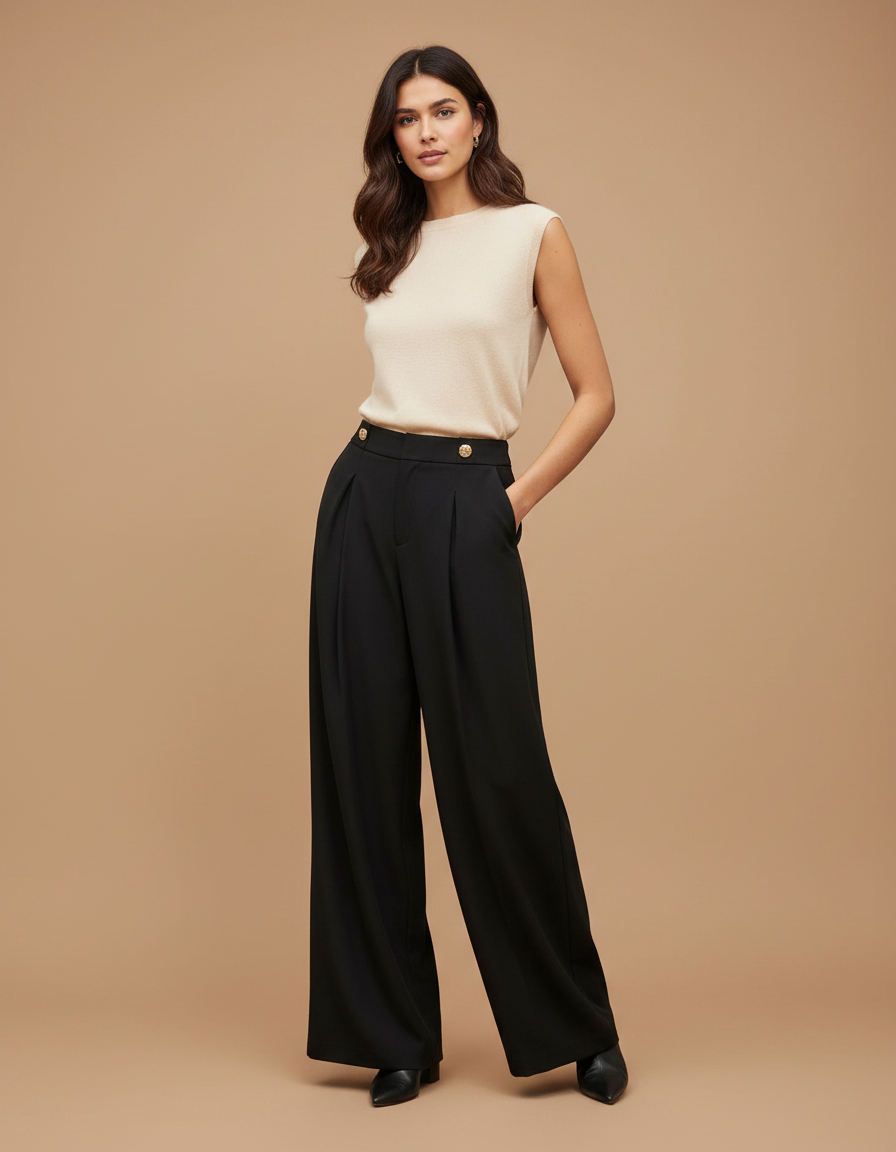 Pantalon Wide Leg Femme Noir - Polyester