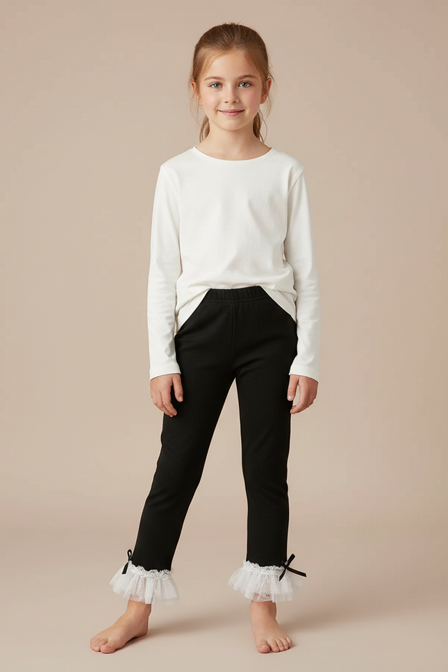 Pantalon Noir Fille Côtelé Volants Dentelle Nœuds - Maille