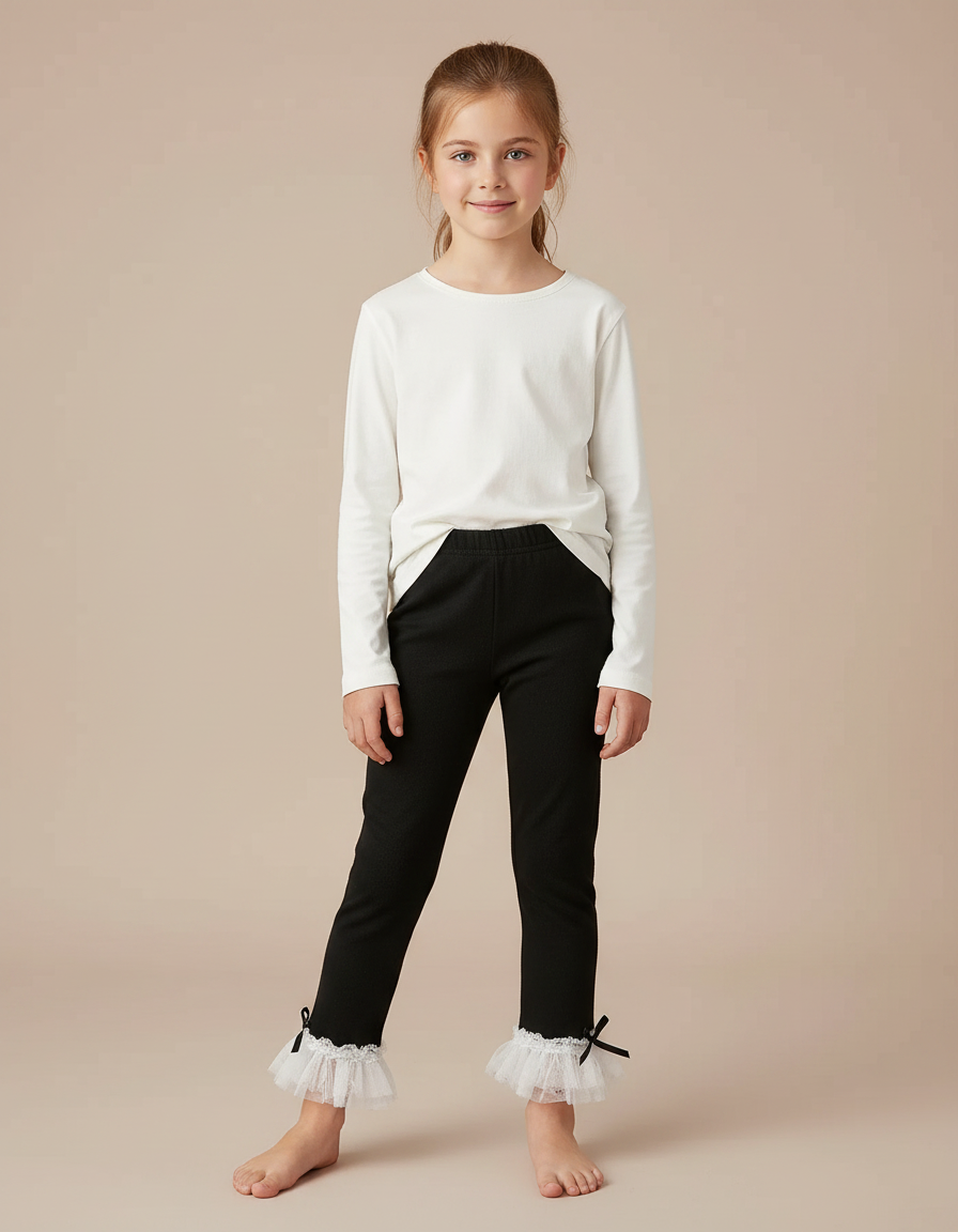 Pantalon Noir Fille Côtelé Volants Dentelle Nœuds - Maille
