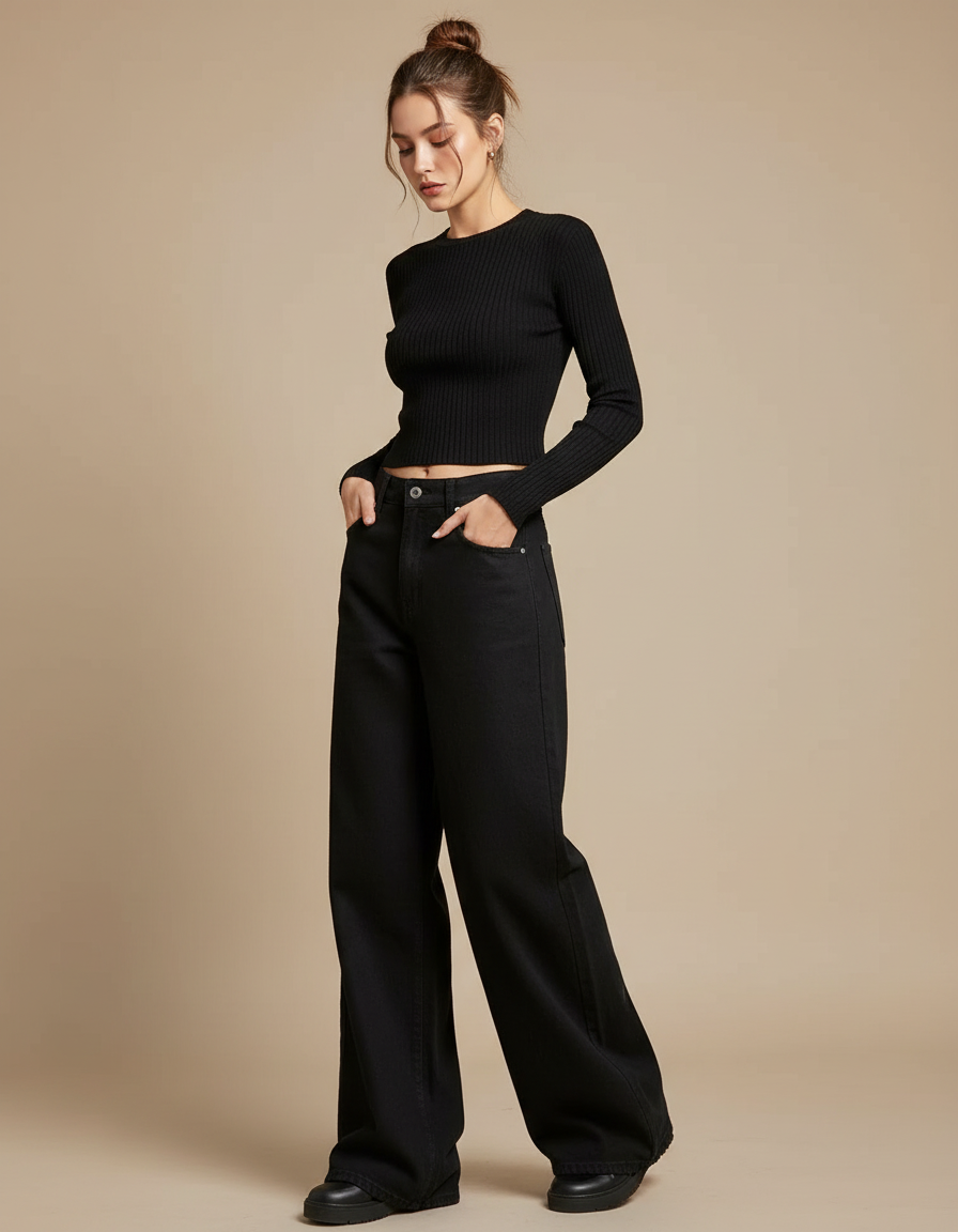 Pantalon Noir Large Décontracté Taille Haute Femme - Jean