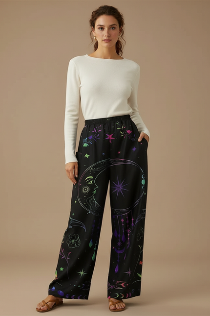 Pantalon Noir Ample Imprimé Lune Étoiles Bohème - Polyester