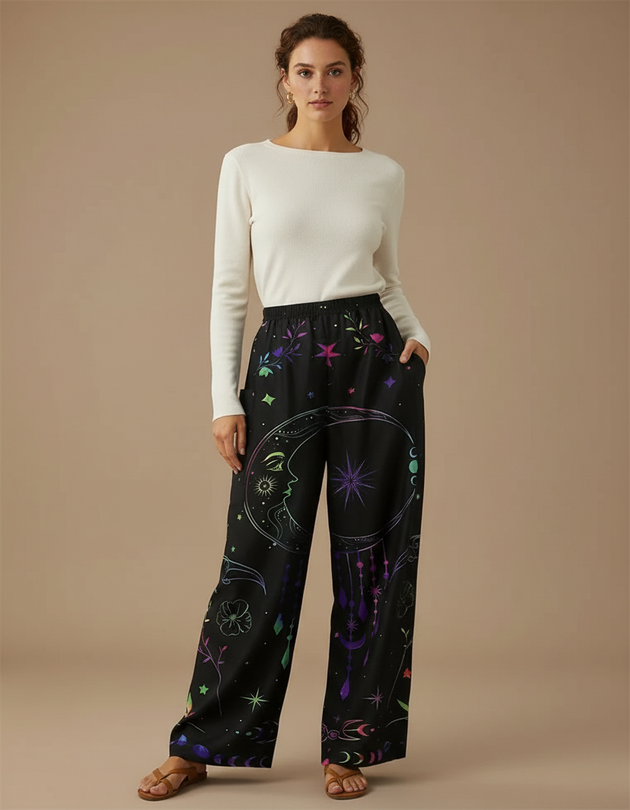 Pantalon Noir Ample Imprimé Lune Étoiles Bohème - Polyester