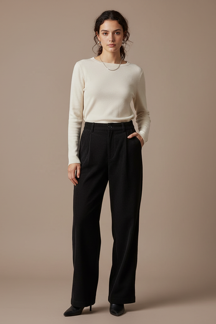 Pantalon Noir Côtelé Taille Haute Plissé Femme - Cordé