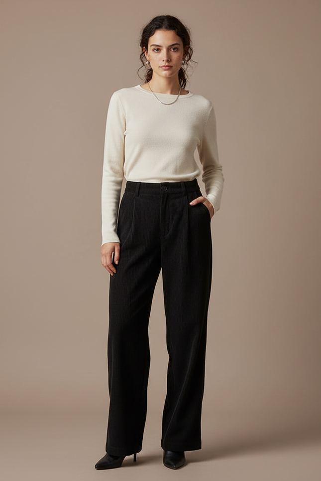 Pantalon Noir Côtelé Taille Haute Plissé Femme - Cordé