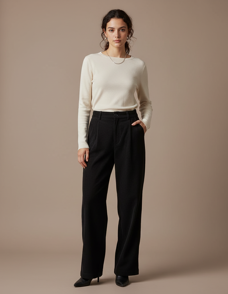 Pantalon Noir Côtelé Taille Haute Plissé Femme - Cordé