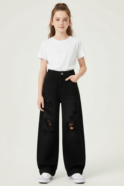 Pantalon Noir Ample Déchiré Denim Fille - Jean
