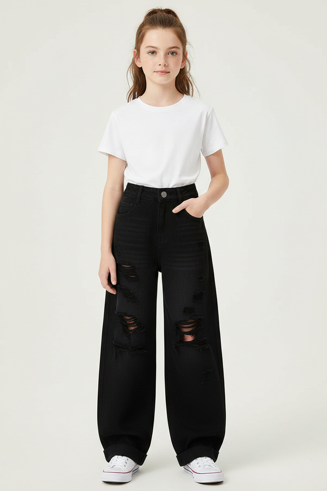Pantalon Noir Ample Déchiré Denim Fille - Jean