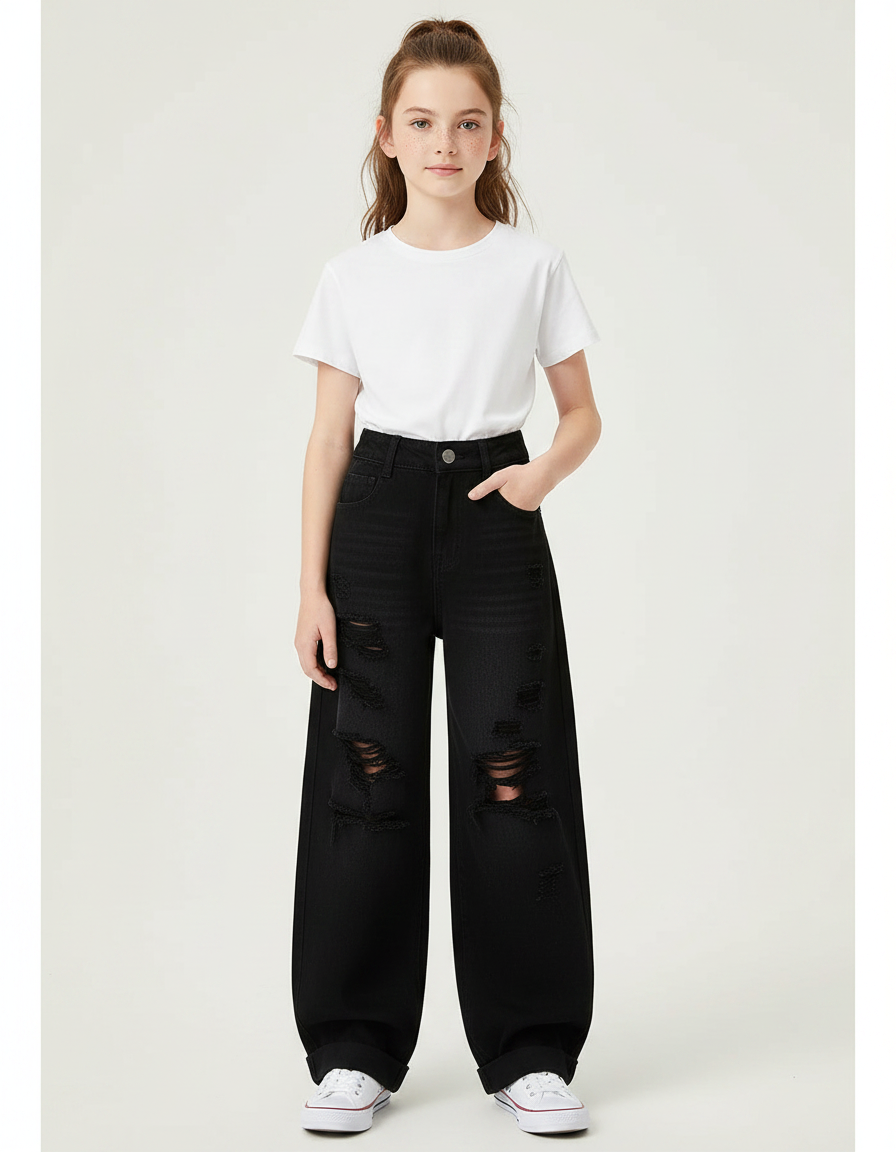 Pantalon Noir Ample Déchiré Denim Fille - Jean