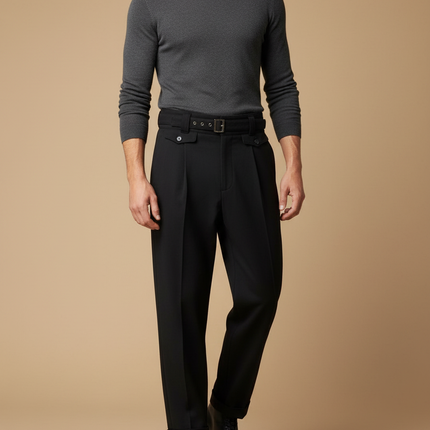 Pantalon Noir Homme Ample Élégant Habillé Ceinturé - Gabardine
