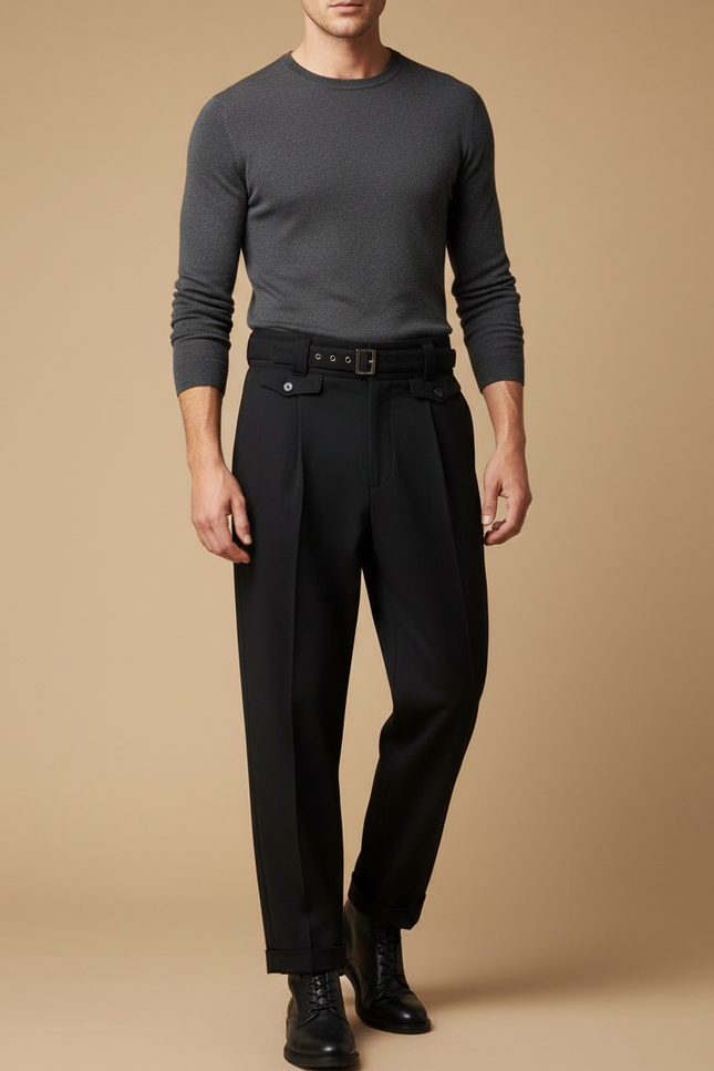 Pantalon Noir Homme Ample Élégant Habillé Ceinturé - Gabardine