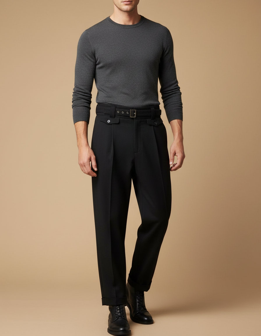 Pantalon Noir Homme Ample Élégant Habillé Ceinturé - Gabardine