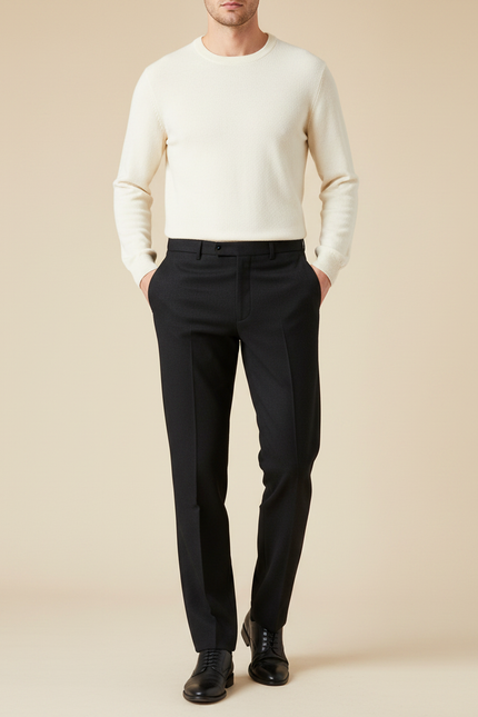 Pantalon Noir Laine Droit Élégant Habillé Homme