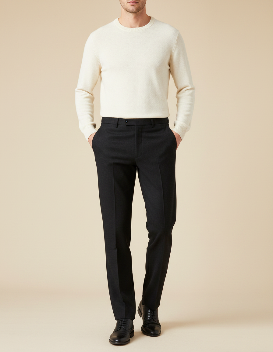 Pantalon Noir Laine Droit Élégant Habillé Homme