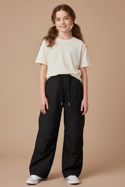Pantalon Noir Cargo Ample Décontracté Fille Streetwear - Polyester