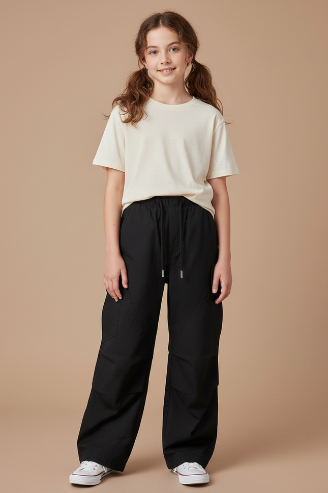 Pantalon Noir Cargo Ample Décontracté Fille Streetwear - Polyester