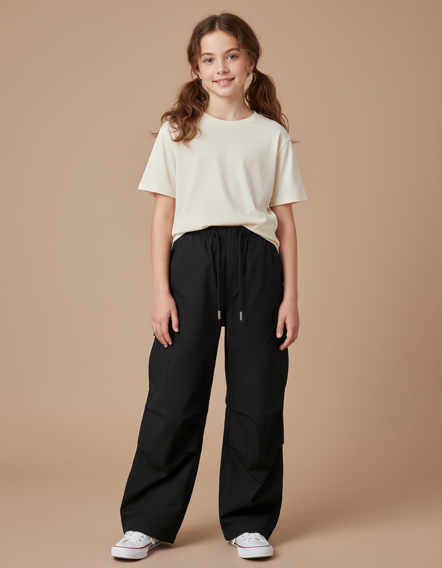 Pantalon Noir Cargo Ample Décontracté Fille Streetwear - Polyester