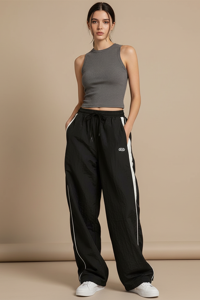 Pantalon Noir Avec Bande Sur Le Cote - Polyester