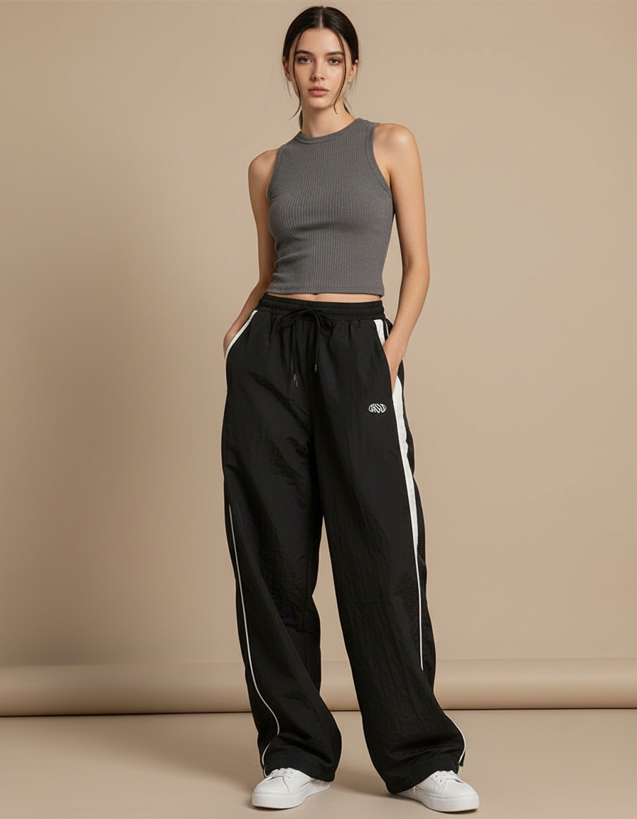 Pantalon Noir Avec Bande Sur Le Cote - Polyester