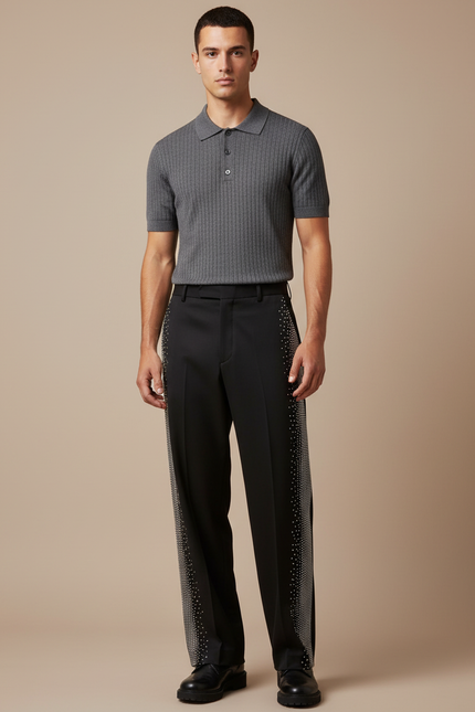 Pantalon Noir Strass Décontracté Large Homme Élégant - Gabardine