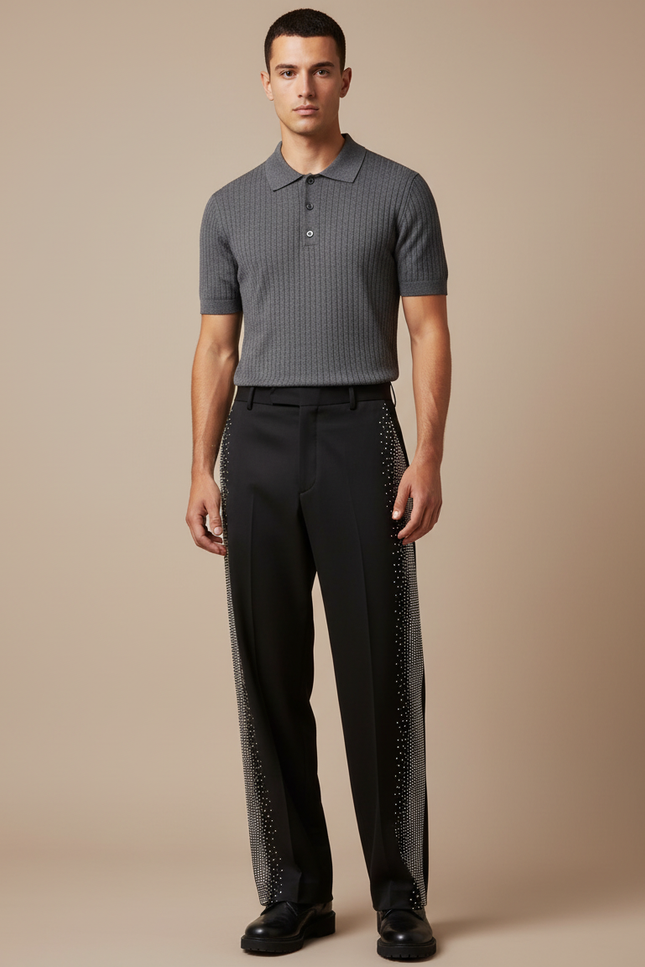 Pantalon Noir Strass Décontracté Large Homme Élégant - Gabardine