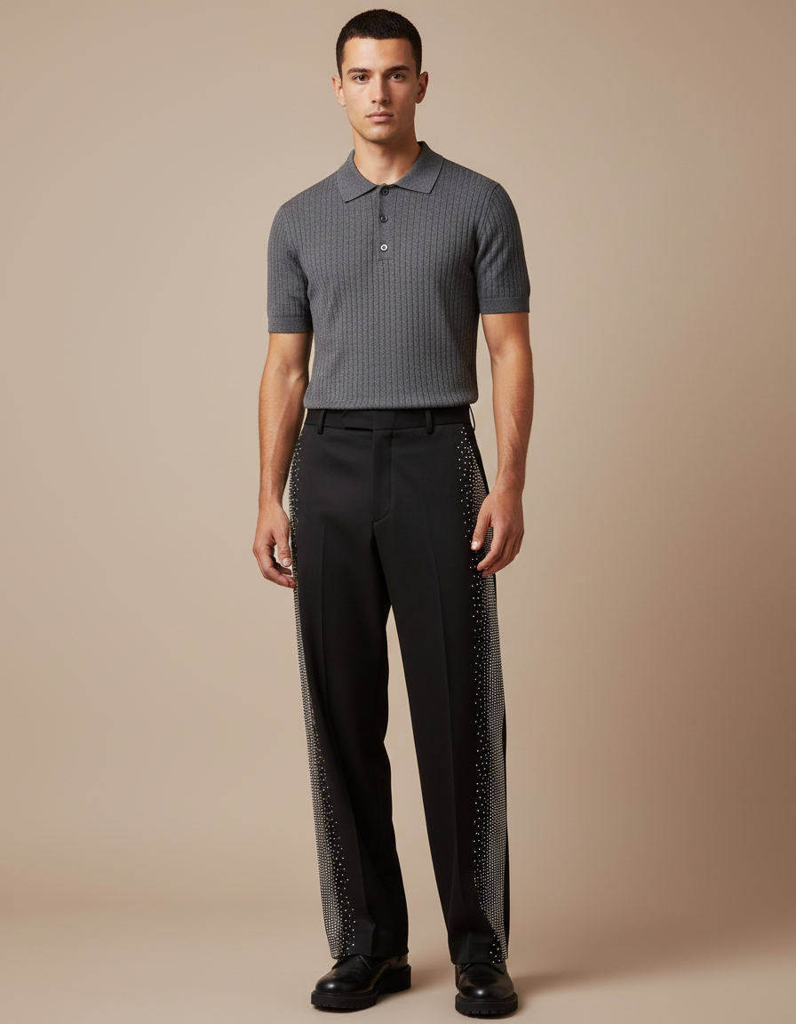 Pantalon Noir Strass Décontracté Large Homme Élégant - Gabardine