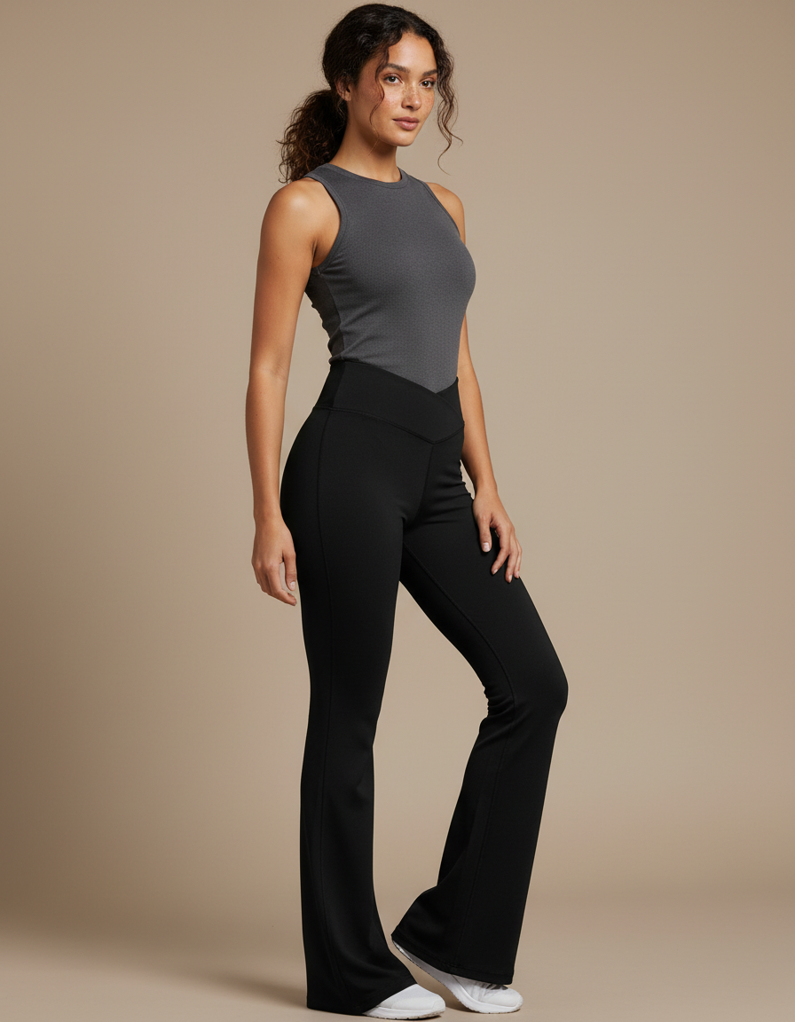 Pantalon Noir Évasé Taille Haute Yoga Confortable Femme - Polyester