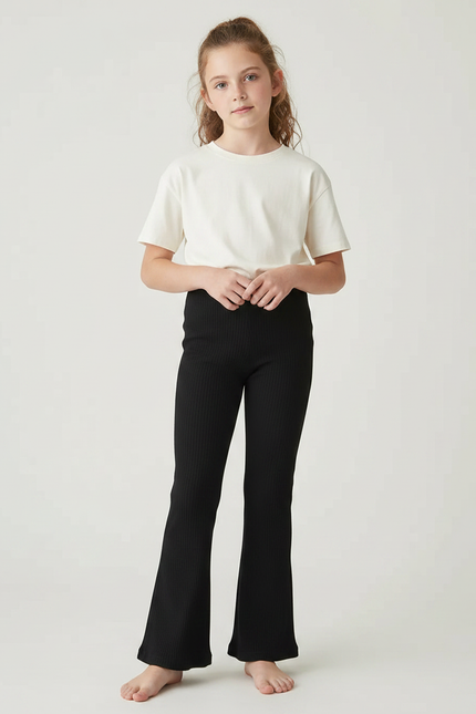 Pantalon Noir Côtelé Évasé Slim Fille Confortable - Maille