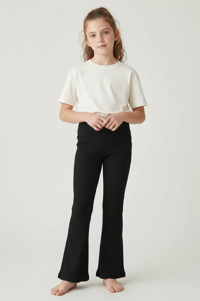 Pantalon Noir Côtelé Évasé Slim Fille Confortable - Maille