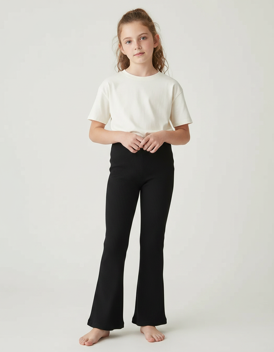 Pantalon Noir Côtelé Évasé Slim Fille Confortable - Maille