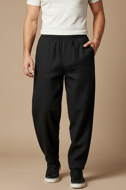 Pantalon Noir Coton Lin Droit Respirant Homme