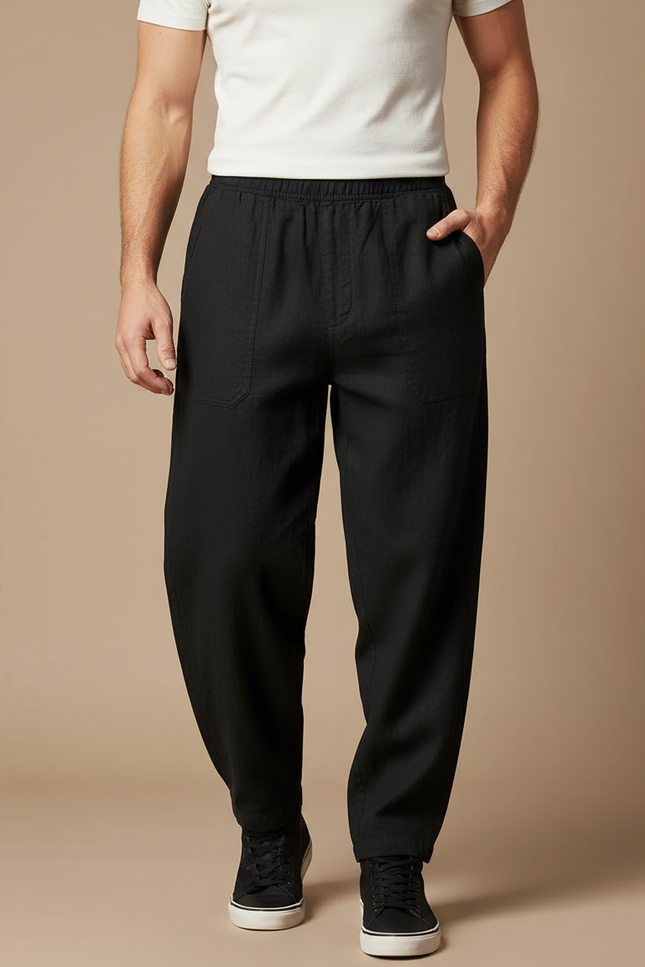 Pantalon Noir Coton Lin Droit Respirant Homme