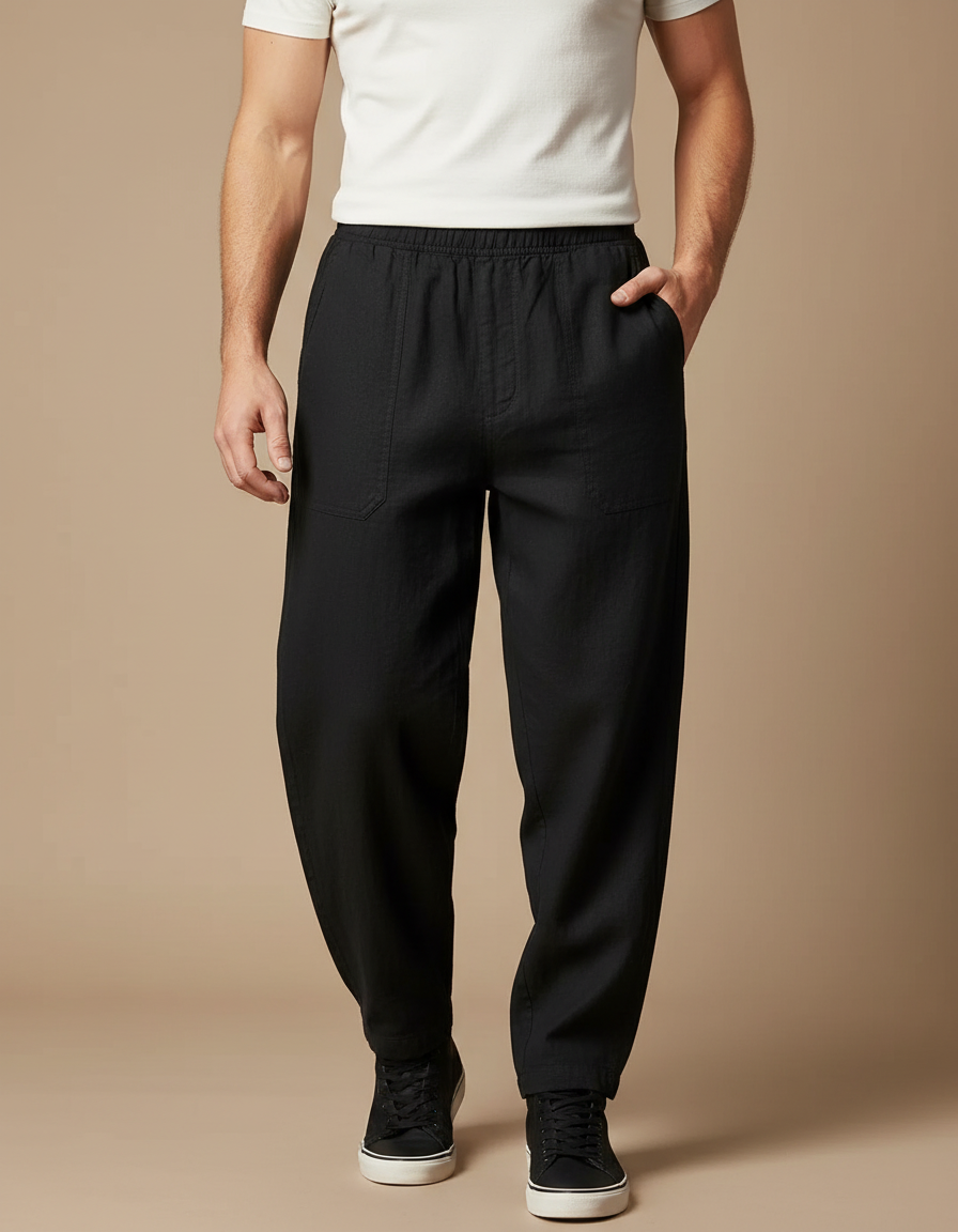 Pantalon Noir Coton Lin Droit Respirant Homme
