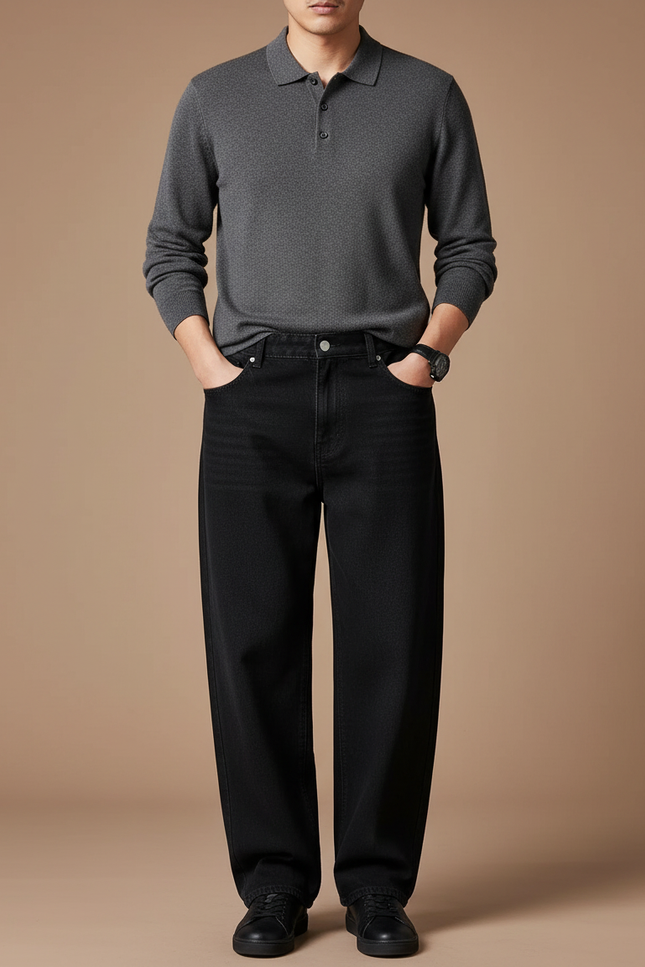 Pantalon Noir Denim Ample Décontracté Homme - Jean