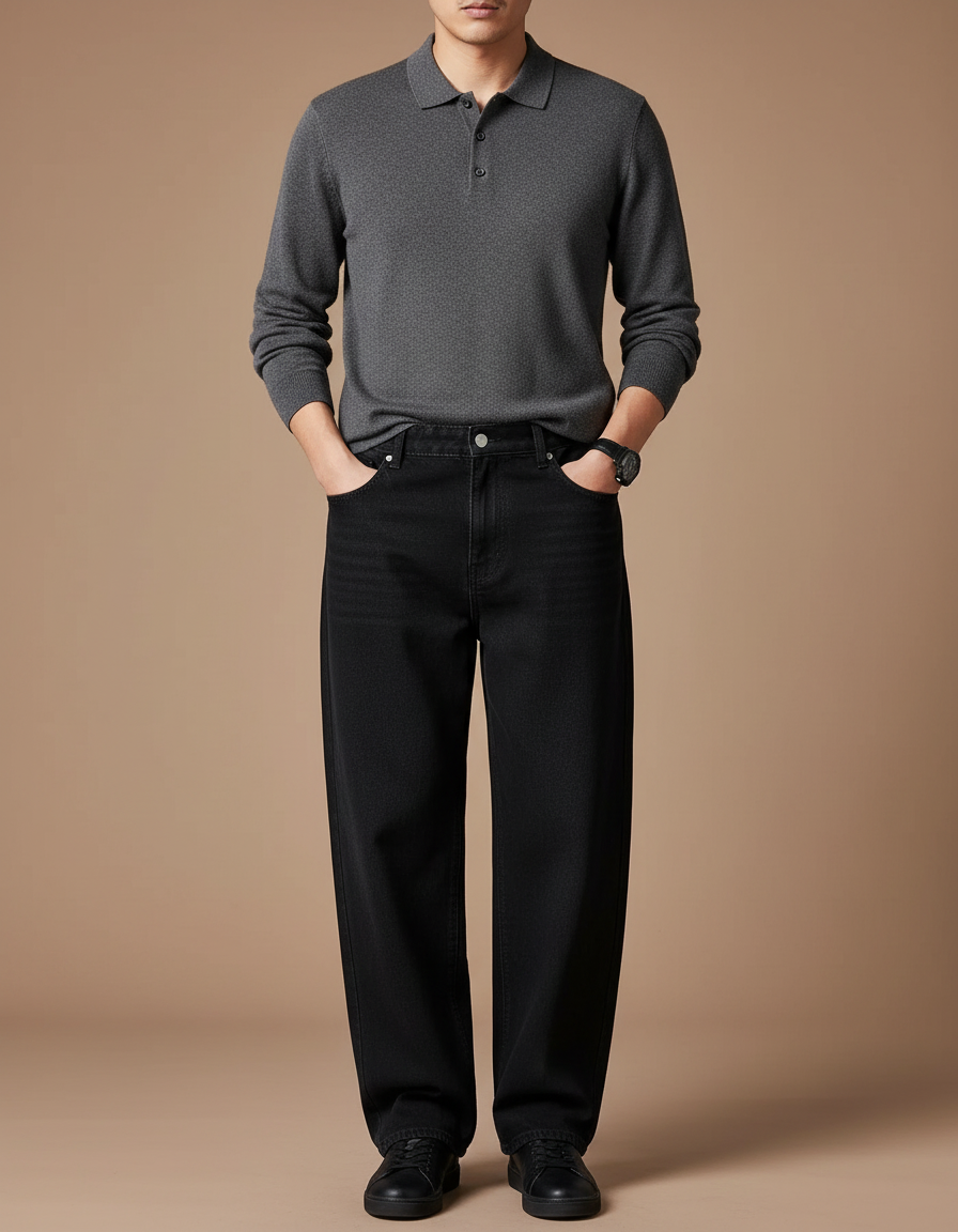 Pantalon Noir Denim Ample Décontracté Homme - Jean