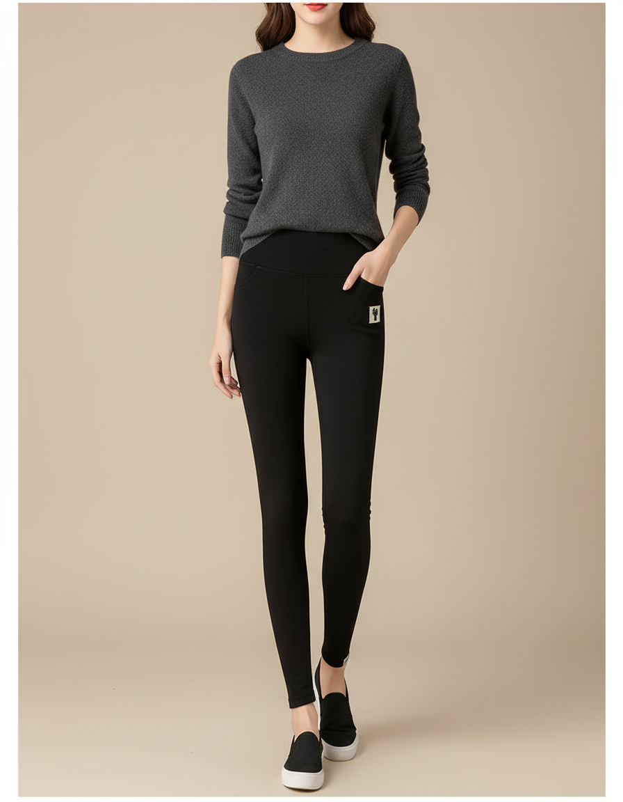 Pantalon Noir Ajusté Confortable Élastique Femme Taille Haute - Molleton