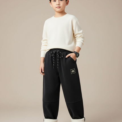 Pantalon Noir Côtelé Doublé Chaud Garçon Hiver - Cordé